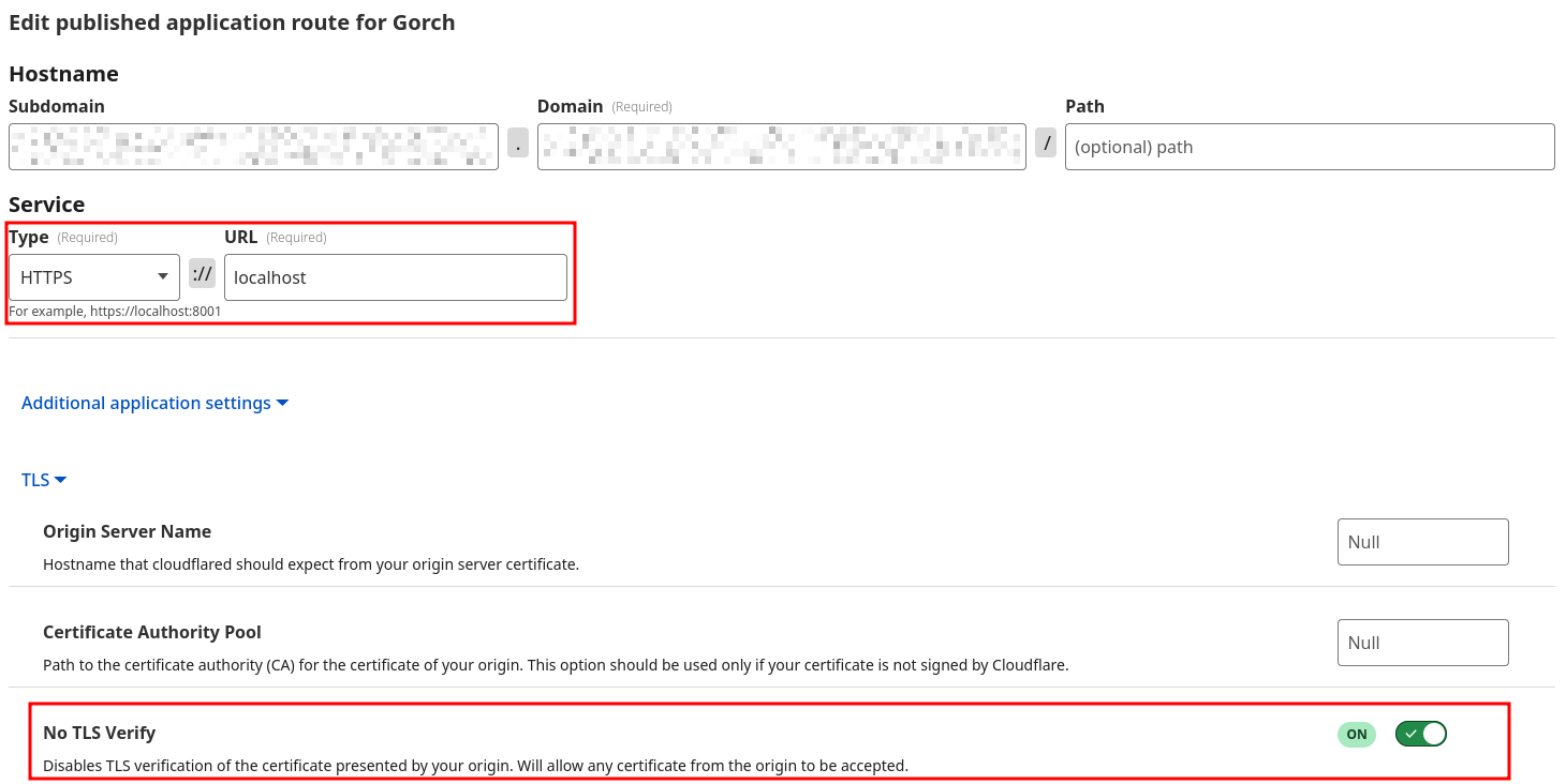 Cloudflare console with service type set to HTTPS, URL set to `localhost` and `No TLS Verify` enabled.
